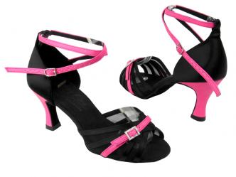 Chaussures de danse femmes satin noir & bande fluo rose   